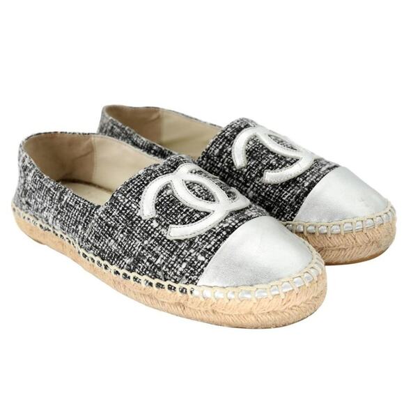 Chanel Espadrille 37 Tweed Leather Cap Toe CC Flats CC-S0224P-0009 - Picture 5 of 11